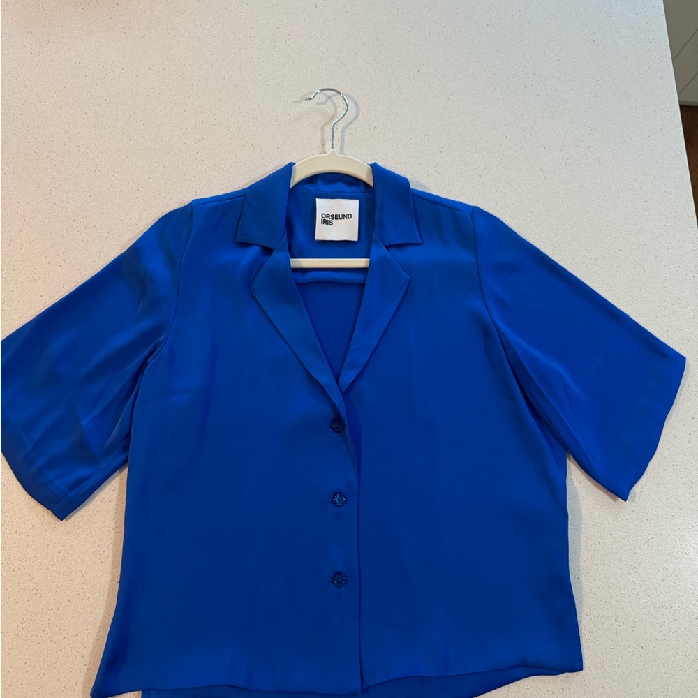 Orseund Iris Blue Satin Button-Up Blouse